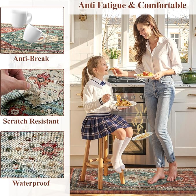 Collive Boho Cushioned Kitchen Mat, Comfort Anti Fatigue Mats for Kitchen Floor, Standing Desk Mat for Kitchen, Office, Laundry, Sink, 17”x47” Red Non-Skid Waterproof Kitchen Rugs