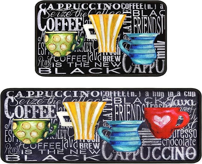 Coffee Kitchen Rugs 2 Piece Set for Floor Mat, Non Skid Washable Absorbent Microfiber Coffee Kitchen Mat for in Front of Sink for Standing for Home Coffe Kitchen Decor 17"X30"+17"X47"