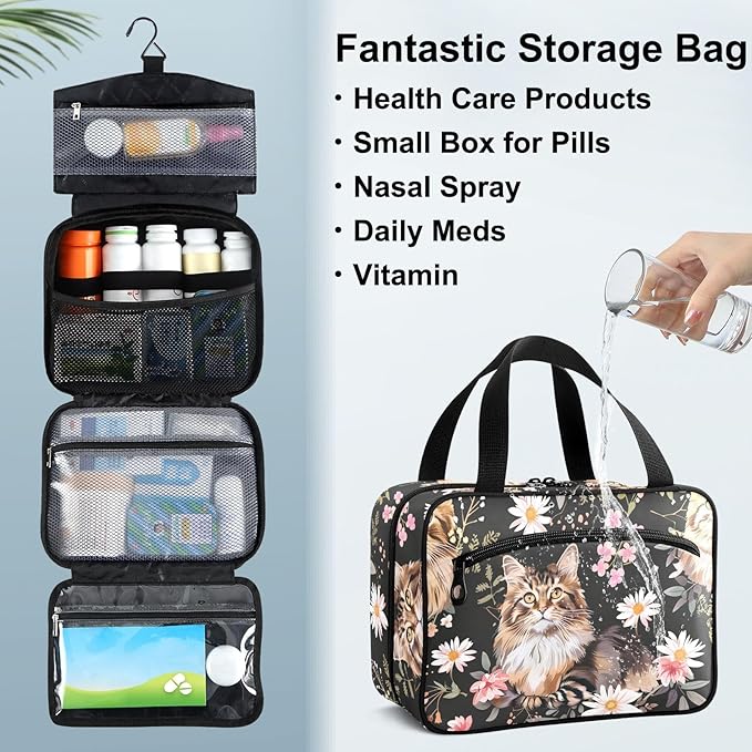 Fustylead Cute Maine Coon Cat and Beautiful Daisy Flower Pill Organizer Bag Large Medicine Travel Carrying Case with Zipper for Vitamin Supplements Fish Oil, Empty First Aid Kit for Hiking Camping