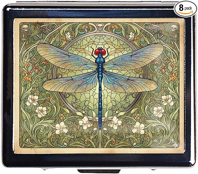 Pill Organizer Box with Mirror,8 Compartment Chrome Pill Case, Pocket-Size Travel Pill Container for Vitamins, Seniors, Daily Use,Rectangle 7 Days Pill Box Pill Case (Green Dragonfly)