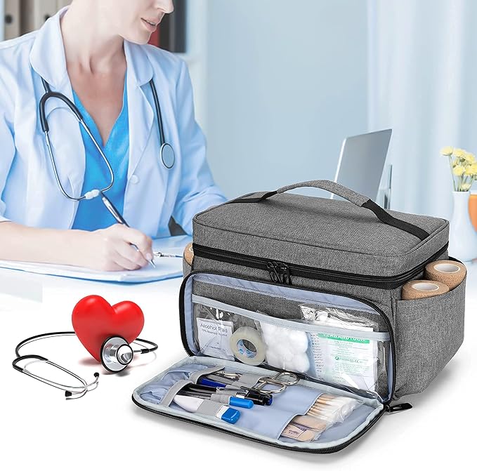 CURMIO Small Medicine Storage Bag Empty, Family First Aid Box, Pill Bottle Organizer for Emergency Medical Supplies, Gray (Bag Only, Patent Pending)