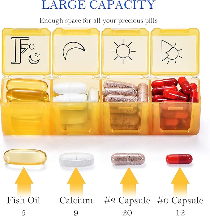 NuLeaf Pill Organizer 4 Times A Day, Large Compartments Portable 7 Day 4 Times a Day Travel Pill Organizer with Moisture-Proof Design to Hold Vitamins, Supplements and Medication
