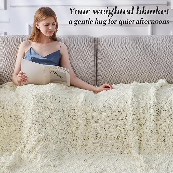 Knitted Weighted Blanket for Adult, Chunky Knit Weighted Throw for Sleep 48"*72" 20lbs, Cooling Breathable Heavy Blanket for Hot Sleepers, Machine Washable Blanket for Room Decor(Ivory White)
