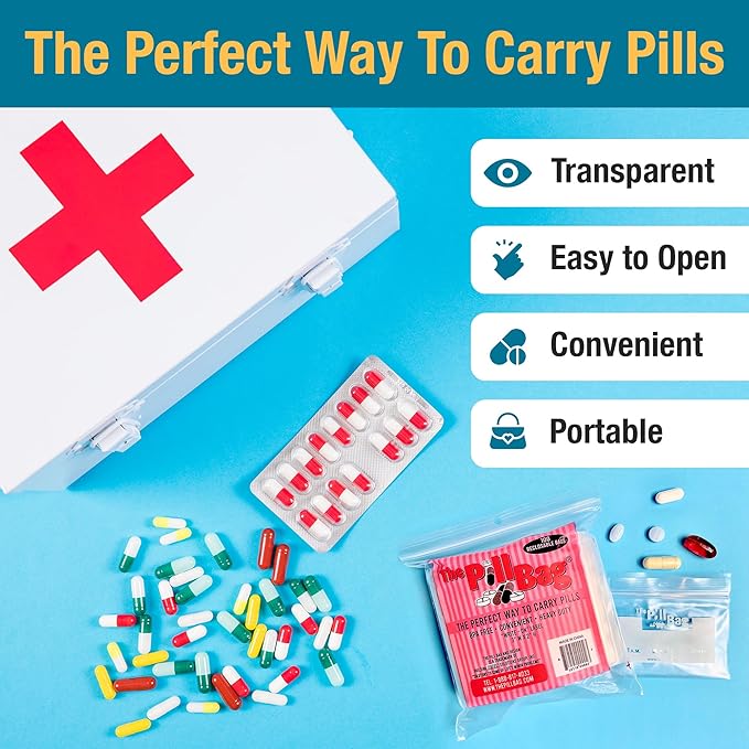 | Medicine Pill Organizer with Labels for AM/PM | Resealable Disposable Pill Pouches for Medicine, Vitamins, Gummies | Plastic Pill Bags for Travel | Standard Size | 100 Count