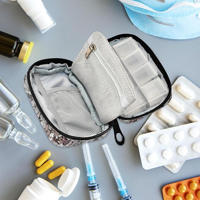 Fustylead Running Horses and Flowers Travel Pill Organizer Case Zipper for Purse with Removable Weekly Pill Box for Medicine, Vitamin, Supplement Medicine Organizer