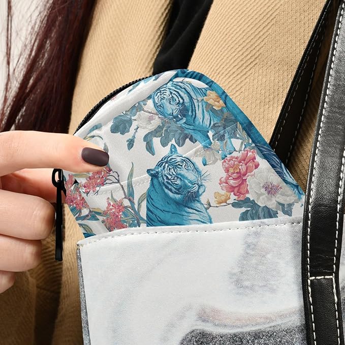 Blue Tigers and Colorful Flowers Travel Pill Organizer Case Box Container Weekly Portable Vitamin Medicine Holder Storage Bag with Zipper Removable