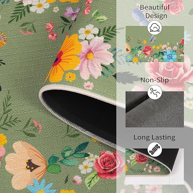 Green Floral Kitchen Mats for Floor, Red Rose Flower Boho Kitchen Rugs Sets of 2, Non Skid Washable Rubber Runner Rugs, Spring Home Decor Accessories 17x30 and 17x47 Inch