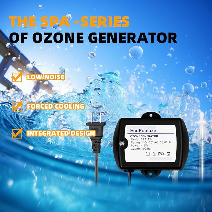 SPA-124 Spa-Ozonator Kit, 100mg/h Efficient Output Ozone Machine, Mini Portable Ozone-Generator with Check Valve&PVC Hose for Cold Plunge and Hot Tub, Black