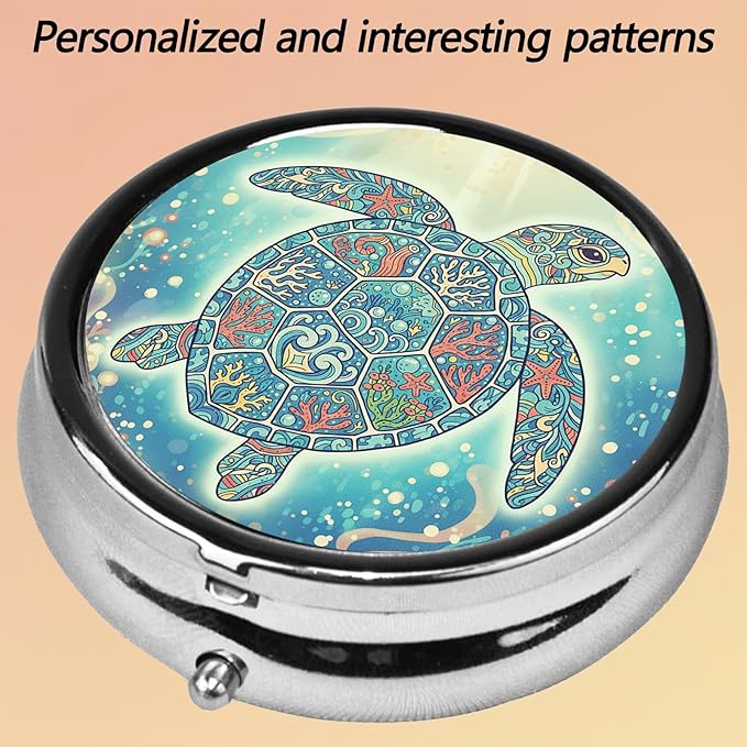 Round Pill Case Small Pill Box with Mirror Pocket 3 Compartment Vitamin Pill Medicine Case Organizer Pill Containers for Traveling Mandala Sea Turtle One