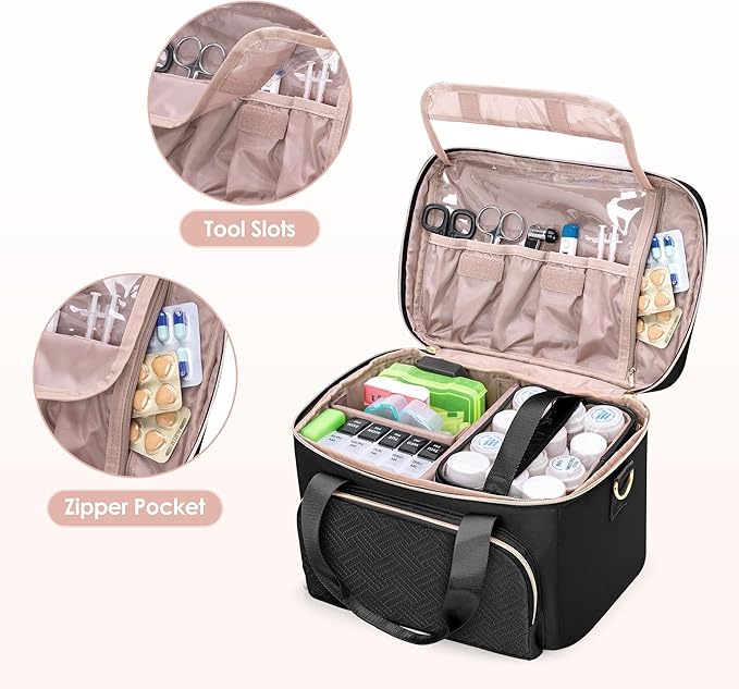 Medicine Storage Bag with 2 Medical Bags, Pill Bottle Organizer Bag Empty First Aid Bag for Travel, Home Healthcare, Black(Empty Bag Only)