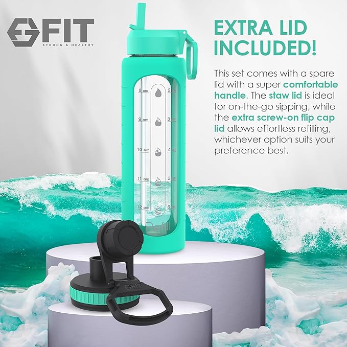 FIT Strong & Healthy 32 oz Glass Water Bottle with Straw Lid - Wide Mouth Borosilicate Glass Water Bottles with Time Marker, Silicone Sleeve & Extra Lid - 1L Large Motivational Drinking Bottle