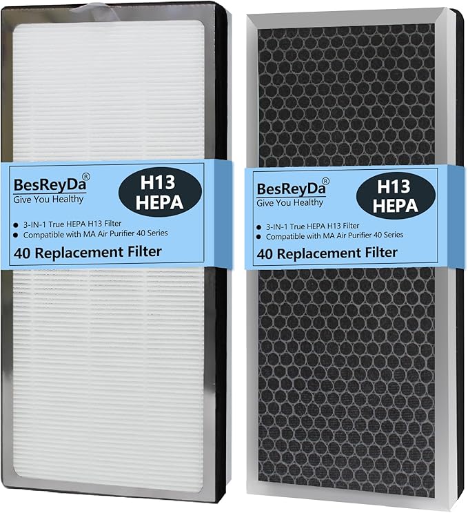 40 Replacement Filter Compatible with MA Air Purifier 40 Series, 3-IN-1 True HEPA 13 Filtration, Fine Pre-Filter and Activated Carbon F ilter, 2 Pack