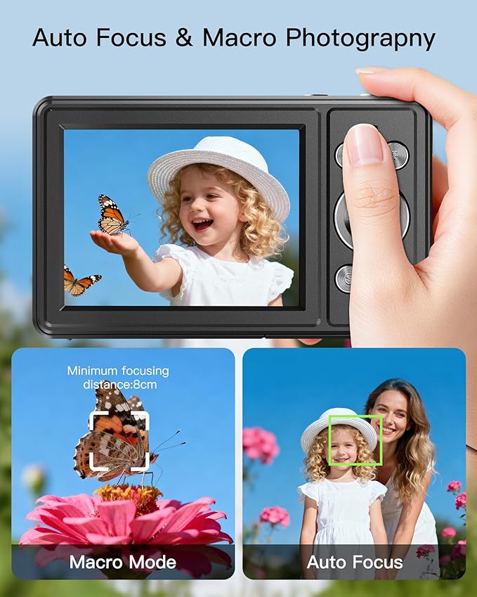 Digital Camera, FHD 1080P Point and Shoot Camera with 32GB SD Card, 2 Batteries, 16X Zoom, Anti Shake, Compact Small Design for Kids Teens Students Girls Boys (Black)