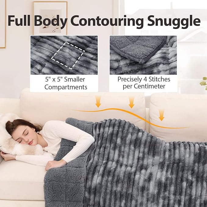 Sherpa Fleece Weighted Blanket with 3D Ribbed Stripes, 15 lbs Soft Flannel Heavy Throw Blanket for Couch Bed Sofa, Heavy Thick Blankets with Glass Beads, Great for Sleep, 48" x 72"