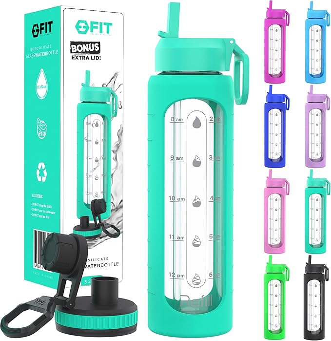 FIT Strong & Healthy 32 oz Glass Water Bottle with Straw Lid - Wide Mouth Borosilicate Glass Water Bottles with Time Marker, Silicone Sleeve & Extra Lid - 1L Large Motivational Drinking Bottle