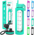 FIT Strong & Healthy 32 oz Glass Water Bottle with Straw Lid - Wide Mouth Borosilicate Glass Water Bottles with Time Marker, Silicone Sleeve & Extra Lid - 1L Large Motivational Drinking Bottle
