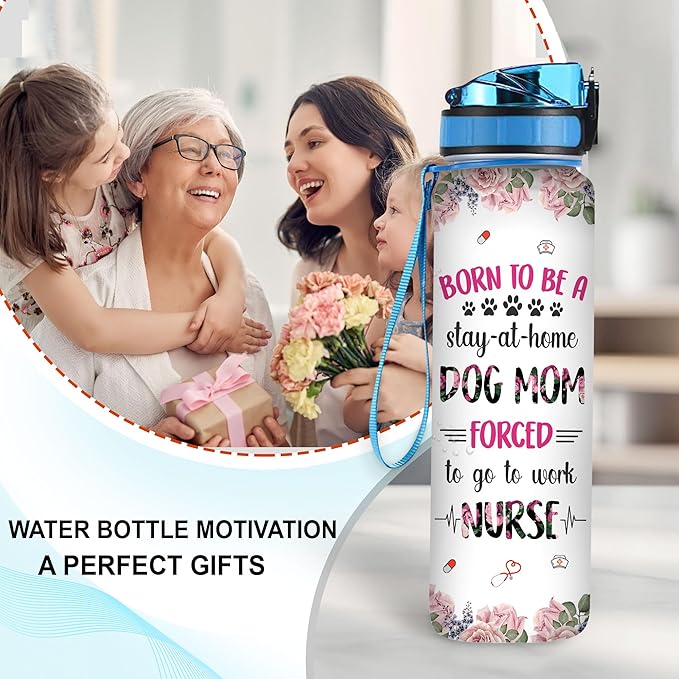Hyturtle Personalized Born To Be A Stay At Home Dog Mom Forced To Go To Work Nurse 32oz 1Liter Motivational Water Bottle, Water Bottle Funn 5.7 x 7 x29.5(cm)