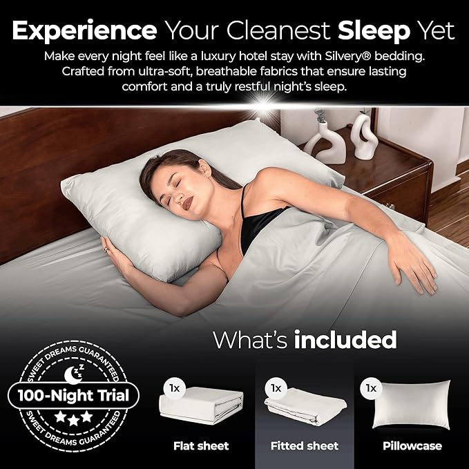 Silvery Silver Infused Bed Sheets Set - Ultra-Soft Temperature-Regulating Fabric with Self-Cleaning Technology™ That Stays Fresh 3X Longer for Hygienic Sleep