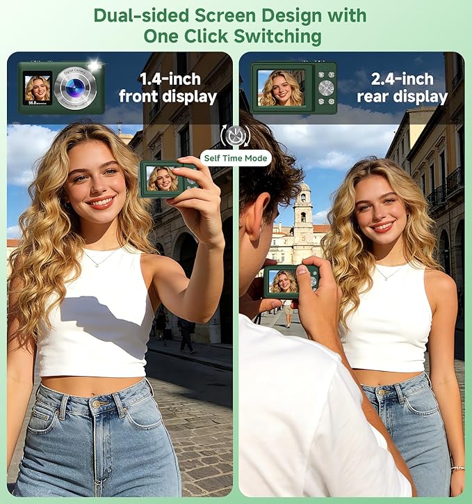 Digital Camera, 2026 Upgraded 56MP Dual Screens Digital Camera, Compact Cameras Built-in Battery with 16X Zoom Travel Cameras with Smile Capture 32GB SD Card Anti Shake for Kids Beginners Teens