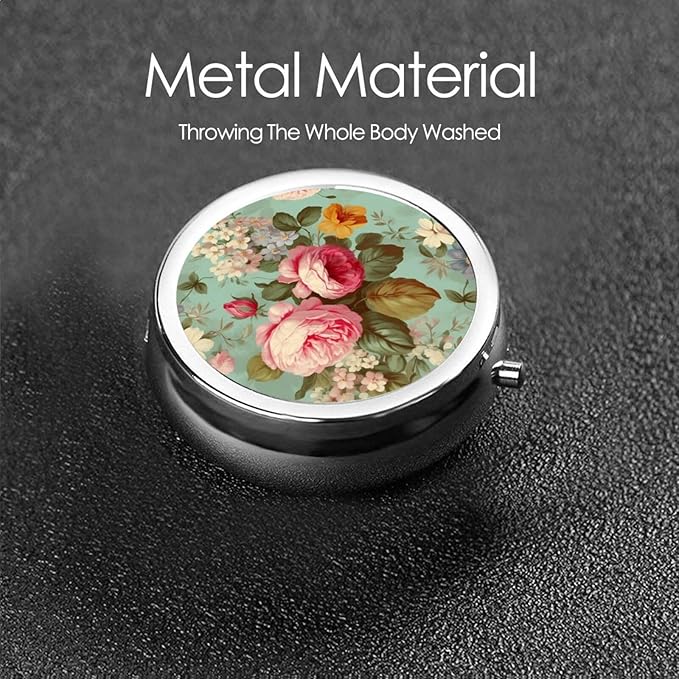 Pill Box 3 Compartment Medicine Pill Organizer Vintage Floral Flowers Round Pill Case for Purse & Pocket Travel Pillbox Portable Metal Medicine Vitamin Fish Oil Organizer Unique Gift