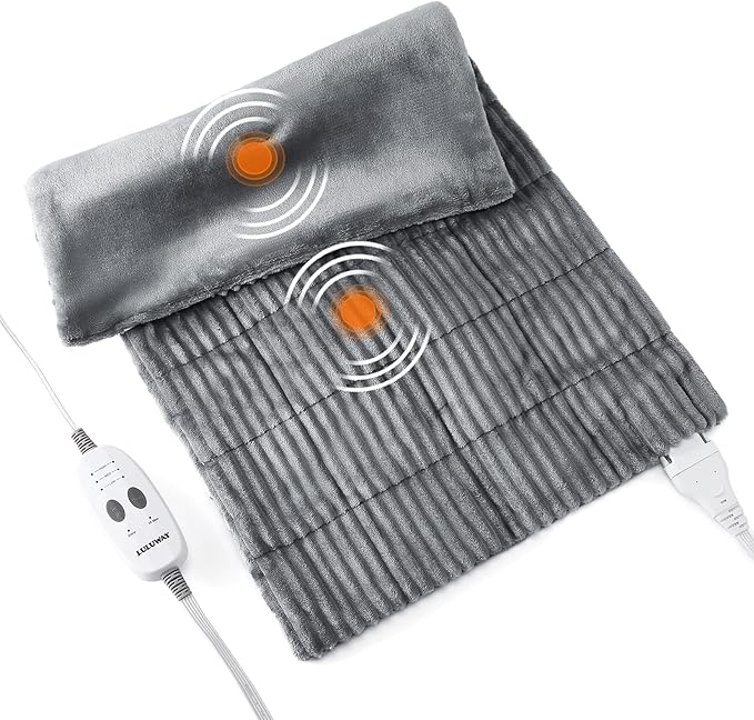 Weighted Heating Pad with Massager Electric Heating Pad for Back with Massaging Vibration, 3 Heating Levels & 3 Massage Types, XXXL Large Size Heating Pad, 33” x 17”, Grey