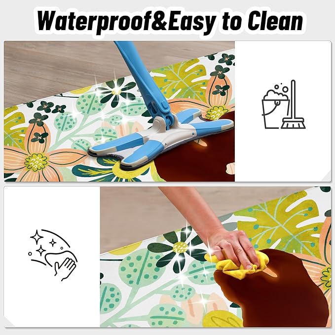 Boho Floral Long Kitchen Mats Rugs Sets of 2 Cushioned Anti Fatigue Floor Mat Foam Comfort Kitchen Rugs Farmhouse Style Non Slip Waterproof Mid Century Botanical Standing Mat for Sink Laundry