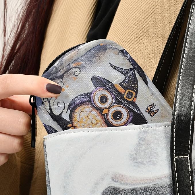 Fustylead Halloween Funny Cute Owl on Branch Travel Pill Case Bag with Zipper Weekly Pill Box 8 Compartments 7 Day Personal Pill Case Purse Medicine Case Organizer