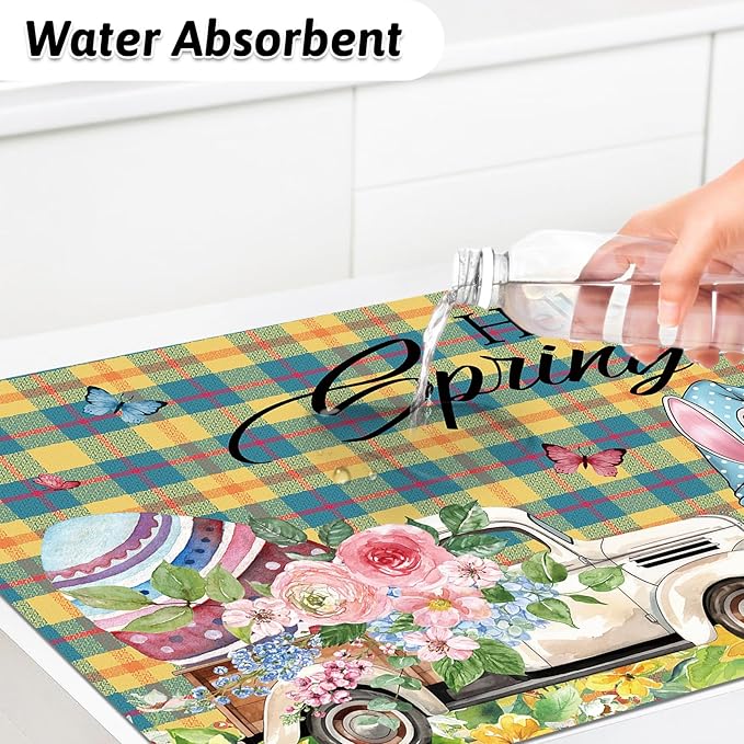 Easter Anti Fatigue Kitchen Mat Set of 2 Spring Non Slip Rubber Runner Rug Flower Gnomes Truck Floor Mat Quick Absorbent Comfort Cushioned for Standing Sink Entryway Laundry 16x24+16x41in