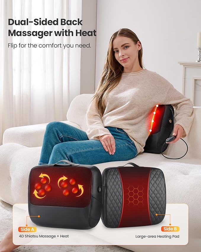 KNQZE 3-in-1 Shiatsu Back Massager with Heat & Lumbar Support, 4D Kneading for Pain Relief Deep Tissue, Dual-Side Extended Heating, Electric Lower Back Massager for Home Office, Gift for Men Women Mom
