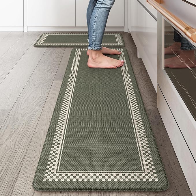 Kitchen Floor Mats Cushioned Anti Fatigue,Waterproof Kitchen Mats for Floor 2 Piece,Memory Foam Kitchen Mat,Comfort Kitchen Sink Rug for Bathroom Laundry Office,Green