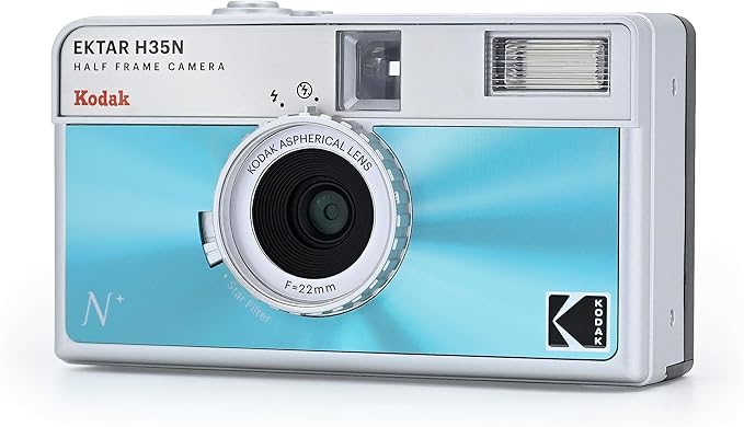 Kodak EKTAR H35N Half Frame Film Camera, 35mm, Reusable, Focus-Free, Bulb Function, Built-in Star Filter, Coated Improved Lens (Film & AAA Battery are not Included) (Glazed Blue)