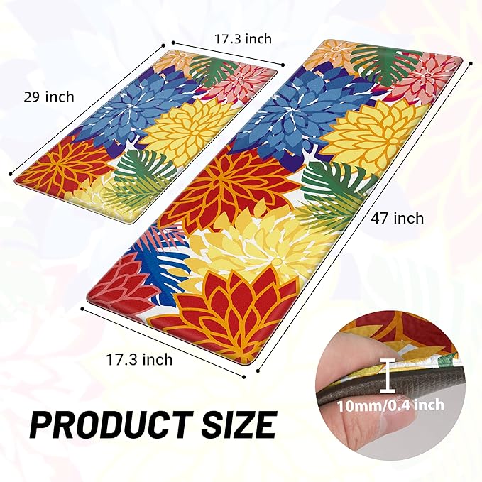 Kitchen Mats for Floor 2PCS Cushioned Anti Fatigue Kitchen Mats Waterproof Non Slip Kitchen Mat Rug Set Comfort Foam Standing Mat for Sink, Laundry, Office,17.3" x 28" + 17.3" x 47", Colorful