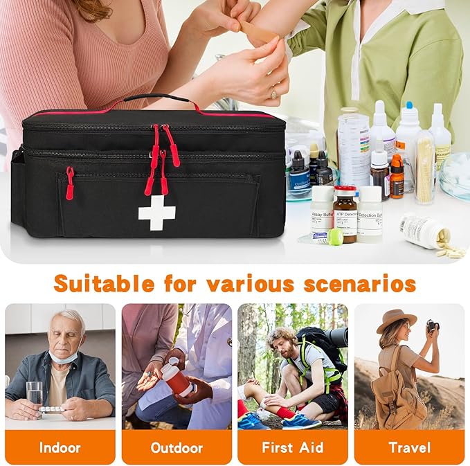 Boczif First Aid Kit, First Aid Storage Carry Bag, Pill Bottle Organizer for Emergency Trauma Medical Kits Supplies Waterproof, Ideal for Home, Travel, Outdoor, Camping (black with shoulder strap)