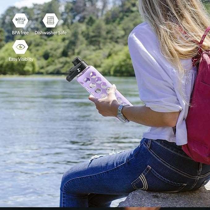 MUKOKO 32oz Glass Water Bottles with 2 Lids-Handle Spout Lid&Bamboo Straw Lid, Motivational Water Tumbler with Time Marker Reminder and Silicone Sleeve, Leakproof-Purple-1 Pack