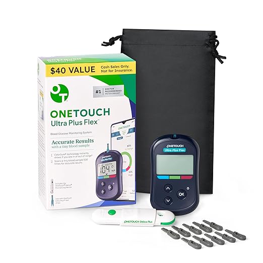 OneTouch Ultra Plus Flex Bonus Kit - Includes Ultra Plus Flex Blood Glucose Meter, 10 Lancets, Lancing Device & Carrying Pouch - Diabetes Care Supplies
