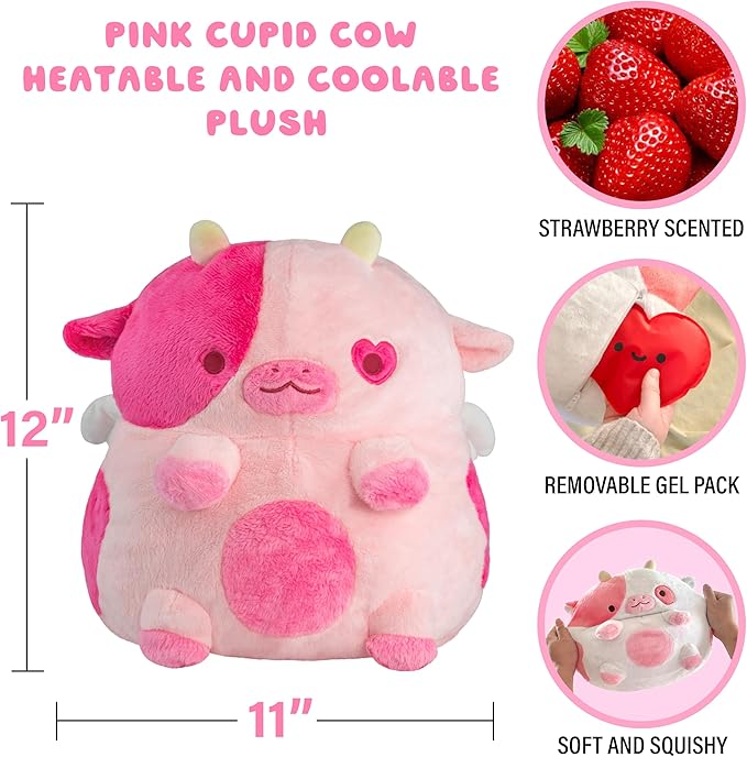 Cupid Cow Heatable Plush for Period Cramp Relief & Emotional Support, Microwavable Soft Toy Plushies, Coolable Stuffed Animal for Anxiety, Valentine's Day Gift for Pain Relief (Cupid Strawberry)