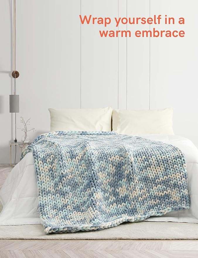 YnM Weighted Blanket, Handmade Chunky Knitted Design, Soft and Cozy, Temperature Regulating and Breathable, Machine Washable Throw for Sleep or Home Decor (Light Blue Tie-Dyed, 50x60 Inch, 10lbs)