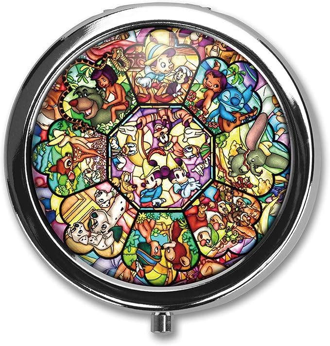 Cute Cartoon Character Custom Round Silver Pill Box Pocket Medicine Tablet Holder Organizer Case, 2.1 x 2.1 x 0.2 Inch