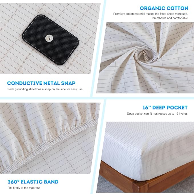 Levoo Grounding Sheets King 90% Organic Cotton + 10% Pure Silver Fitted Grounded Sheet for Healthy Sleep Therapy Earth Connected Bed Sheet with Long Grounding Cord (White 78"x 80"x 16")