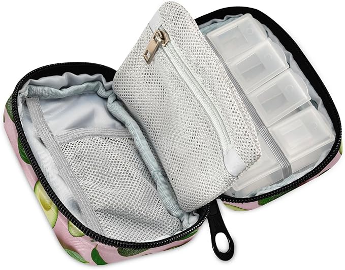 Fresh Green Avocados on Pink Pill Case Travel 7 Day Weekly Pill Case Small Travel Vitamin Supplements Holder
