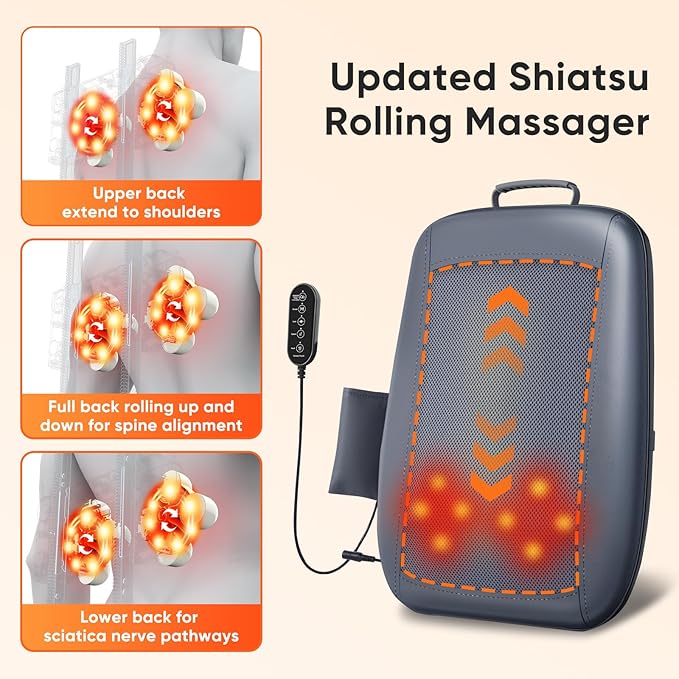 Shiatsu Back Massager with Heat, 4D Deep Tissue Massage for Pain Relief, Portable Rechargeable Electric Back Massager for Chair Home Office Car,Gift-Ready for Men Women