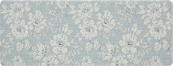 Laura Ashley - Anti-Fatigue Kitchen Mat, Iris Floral Design, Stain, Water & Fade Resistant, Cooking & Standing Relief, Non-Slip Backing, Measures 17.5" x 48", Light Blue Iris