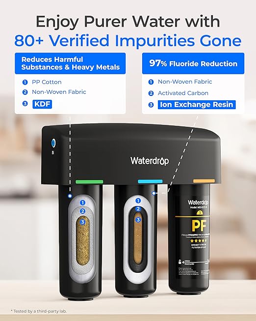 Waterdrop TSB-10-PF Under Sink Water Filter, 𝐑𝐞𝐝𝐮𝐜𝐞𝐬 𝟖𝟎+ 𝐈𝐦𝐩𝐮𝐫𝐢𝐭𝐢𝐞𝐬-PFAS, Chlorine, Chloramine, Fluoride, Taste&Odor, 9 Layer Under Sink Water Filtration System,with A Extra Faucet