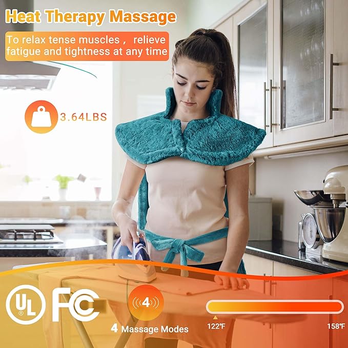 Massaging Heating Pad for Neck and Shoulders and Back, 24" x 35" Large Electric Heating Pad for Back Pain Relief with 3 Heat Levels, 4 Massage Settings, 2H Auto Shut-Off, 4 Massage Motors, Green