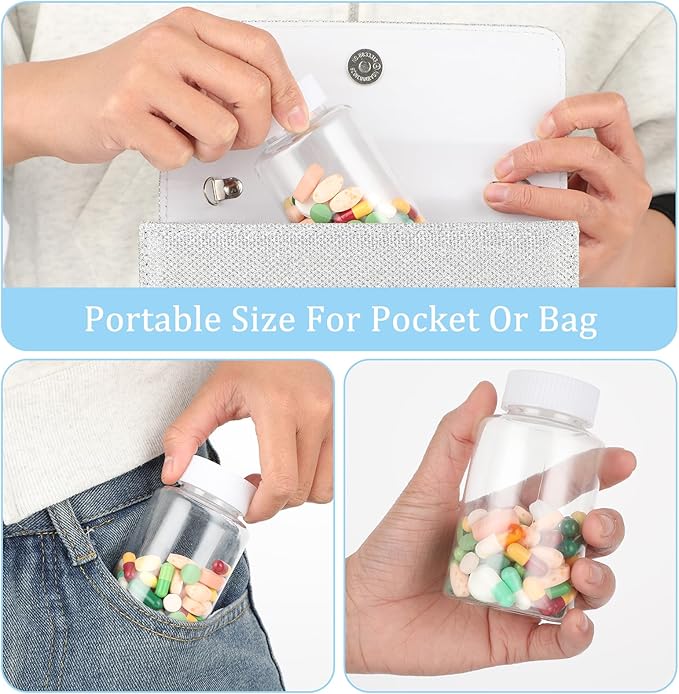 Sibba Clear Pill Bottle 6 Pcs Empty Medicine Organizers 150ML Jar Powder Box Storage Transparent Reagent Containers Plastic Dispenser Leak Proof Caps Receptacle for Toiletries Counter Labels