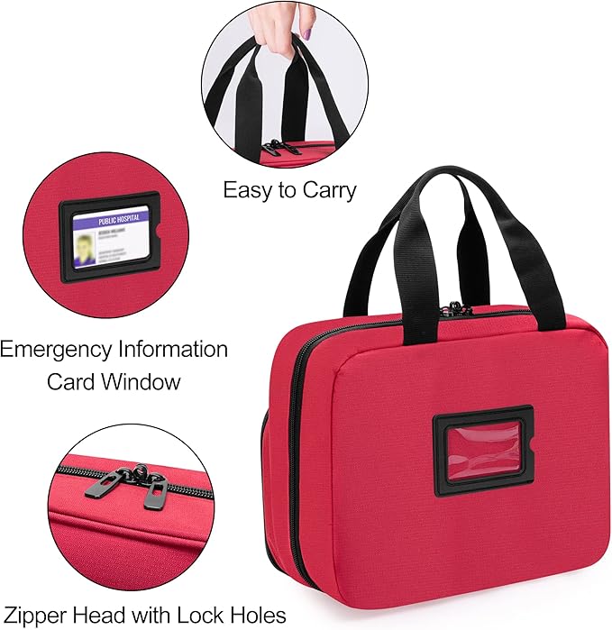 CURMIO Pill Bottle Organizer Portable Medicine Bag, Lockable Prescription Bottle Storage for Pill Bottles, Vitamins, Medical Supplements for Home Storage and Travel, Red (Empty Medicine Bag)