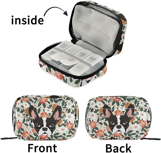 Fustylead Vivid Boston Terrier and Vibrant Flowers Pill Organizer Travel Bag, Small Portable Pill Case Cute for Vitamin Fish Oil Supplements Medicine Organizer with Zipper