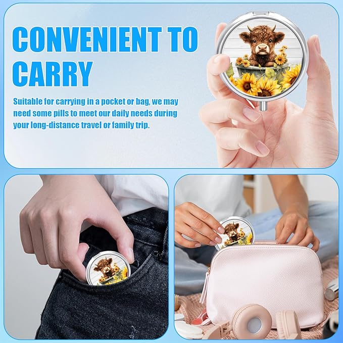 Sunflower Highland Cow Pill Case, Pill Box 3 Compartments Metal Small Pill Holder with Mirror Mini Travel Pill Container for Purse Pocket Women Men
