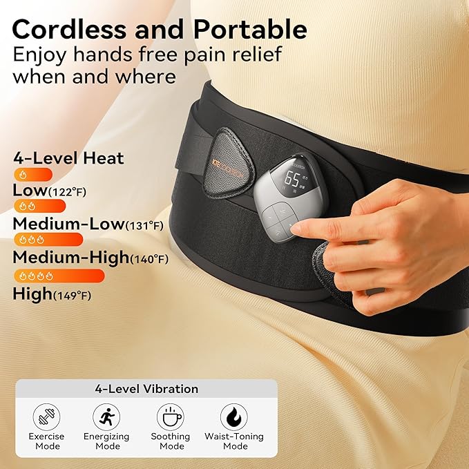 Heating Pad for Lower Back -45" Cordless Massager Heat Belt-Portable Massage Support Heated Relief Pain Cramps-4 Heat & Vibration Brace Wrap Women Men Christmas Birthday Gifts