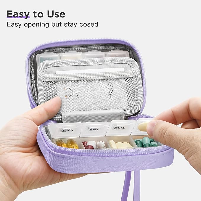 Zannaki Cute Pill Organizer for Purse with Two Removable 7-Day Pill Box, Travel PU Leather Pill Case, Portable Weekly Pill Container with Storage Bag to Hold Vitamins, Fish Oils, Supplements (Purple)